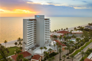 LaPlaya Beach & Golf Resort - Aerial Gulf Tower at Sunset