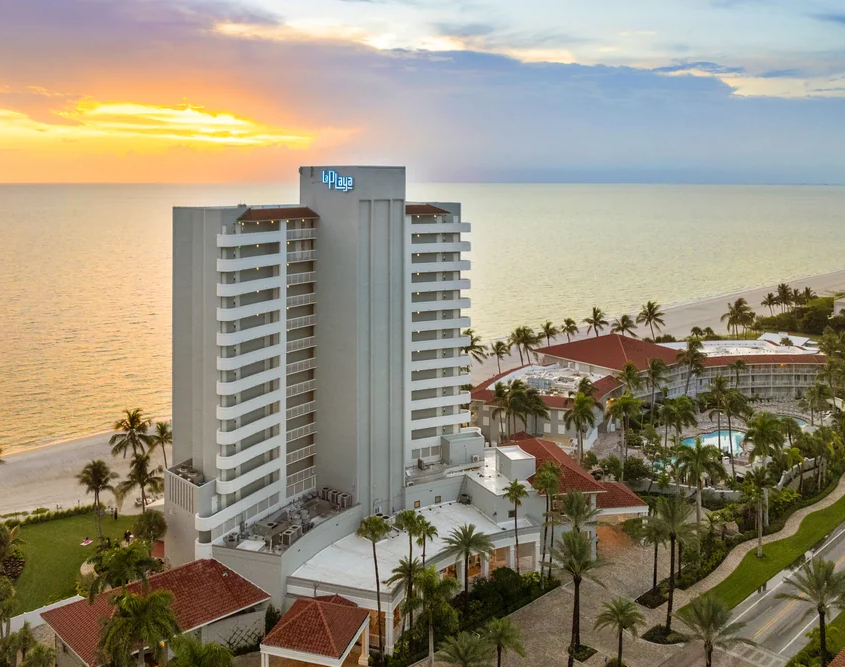 LaPlaya Beach & Golf Resort - Aerial Gulf Tower at Sunset