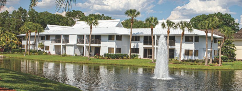 Saddlebrook Resort Buildings with White Roof and Fountain