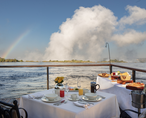 The Royal Livingstone Victoria Falls Zambia Hotel by Anantara - Jetty Breakfast with Victoria Falls Rainbow The Royal Livingstone Victoria Falls Zambia Hotel by Anantara - Jetty Breakfast with Victoria Falls Rainbow
