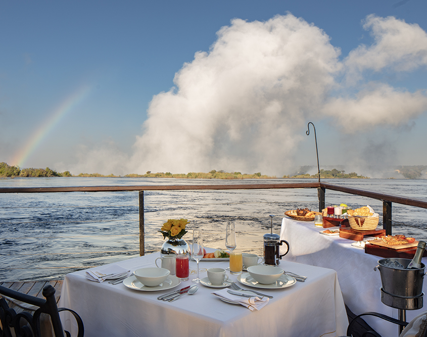 The Royal Livingstone Victoria Falls Zambia Hotel by Anantara - Jetty Breakfast with Victoria Falls Rainbow The Royal Livingstone Victoria Falls Zambia Hotel by Anantara - Jetty Breakfast with Victoria Falls Rainbow